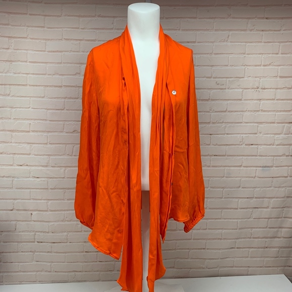 Ramy Brook Pure Silk Bow Tie Button Down Long Sleeve Blouse Shirt Orange Large - Picture 3 of 8